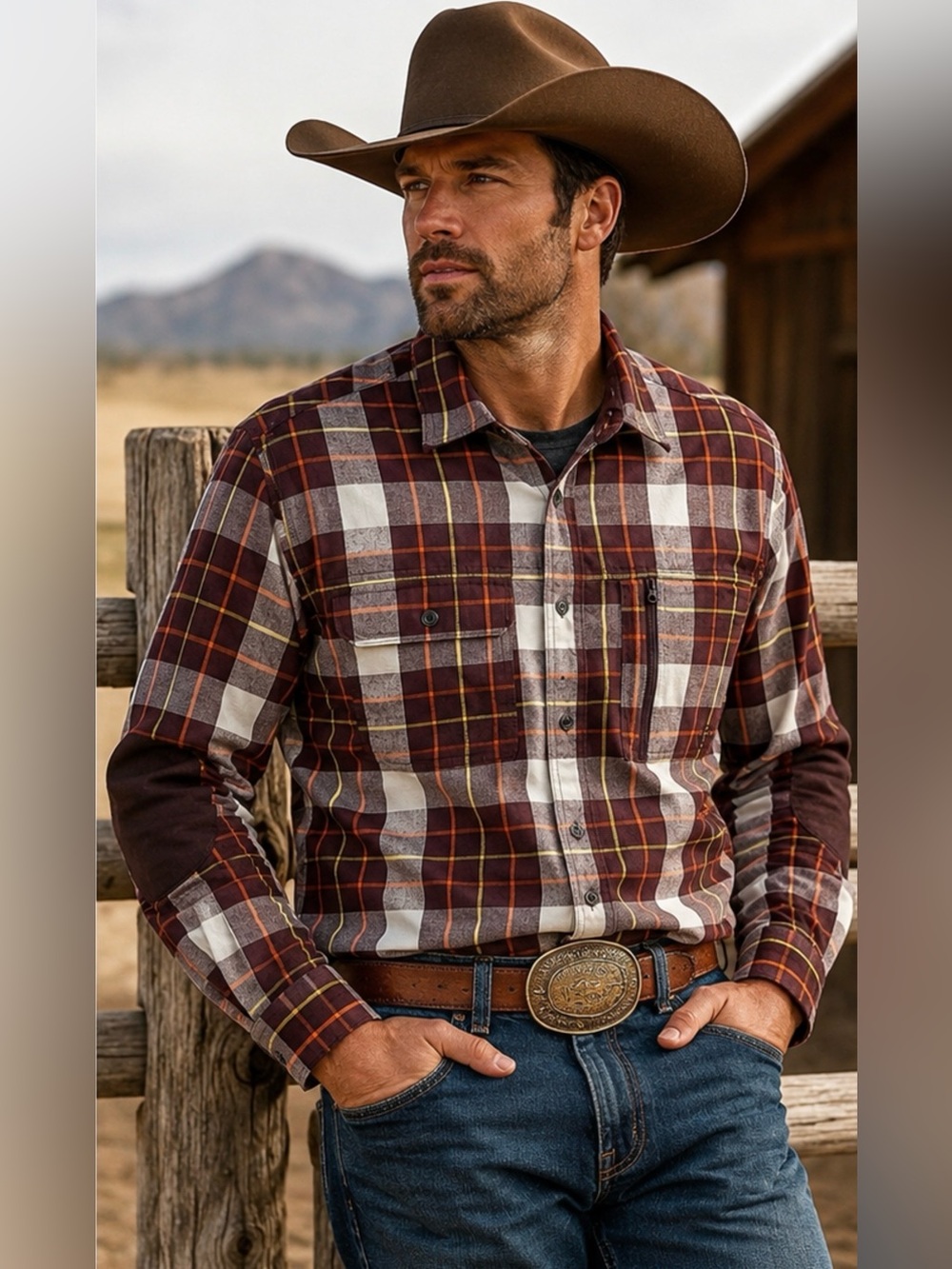 Wrangler ATG Flannel Shirt Mens Small Burgundy Elbow Patch Long Sleeve Pockets